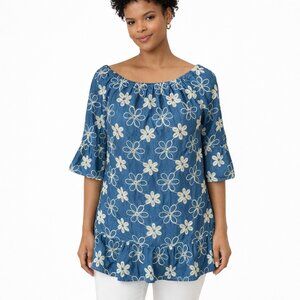 Eci New York Size 4 Blue Chambray White Embroidered Flowers Dress Ruffles Boho